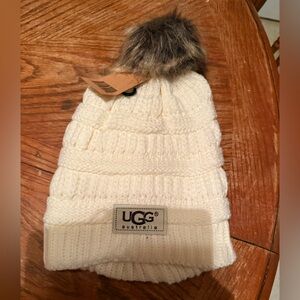 UGG Cream Knit Beanie with Faux Fur Pom-Pom